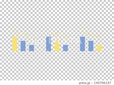 A set of illustrations (yellow and blue) of a downward-sloping bar graph with one bar of a different color and a hand-drawn, bent arrow. A set of illustrations (yellow and blue) of a downward-sloping bar graph with one bar of a different color and a hand-drawn, bent arrow. 140706187
