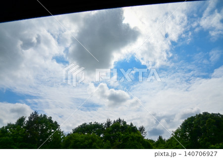 The scenery of the countryside during the roadtrip with stunning scenery of Sapporo, Hokkaido, Japan. Stunning cloudscape with beautiful landscape. Nature and Travel scene. 140706927
