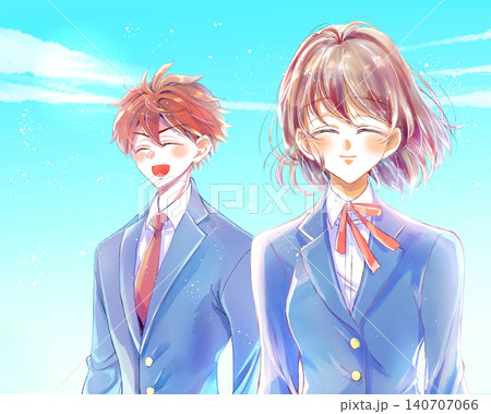 別々の方向を向く笑顔の男女の学生 青空 別々の方向を向く笑顔の男女の学生 青空 140707066