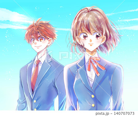 別々の方向を見る前向きな男女の学生　青空 140707073