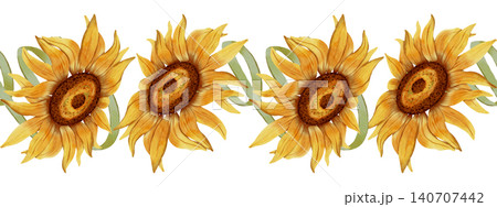 Watercolor seamless border with bright yellow sunflowers and green leaves. Perfect for invitations, packaging, or decorative design. 140707442