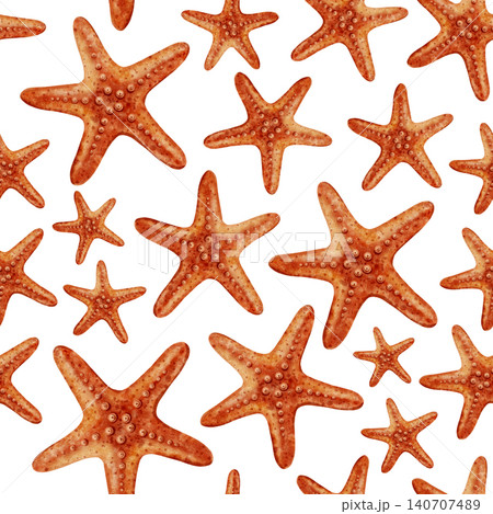 Watercolor seamless pattern with orange starfish on a white background. Hand-painted nautical illustration. Children's, nautical, travel themes. Suitable for design, prints, postcards, sea travel  140707489