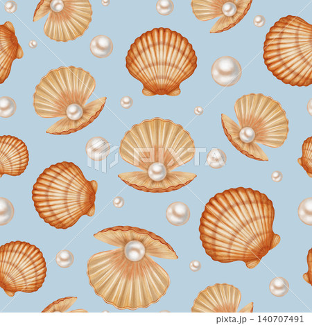Watercolor seamless pattern of open and closed scallop shells with precious white pearls inside. Children's, nautical, travel themes. Suitable for design, prints, postcards, sea travel  140707491