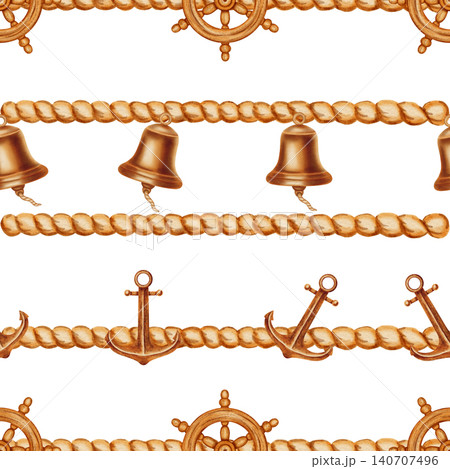 Nautical seamless pattern featuring watercolor ship bells, anchors, and wooden steering wheels connected by thick marine ropes. Children's, nautical, travel themes. Suitable for postcards, sea travel Nautical seamless pattern featuring watercolor ship bells, anchors, and wooden steering wheels connected by thick marine ropes. Children's, nautical, travel themes. Suitable for postcards, sea travel 140707496