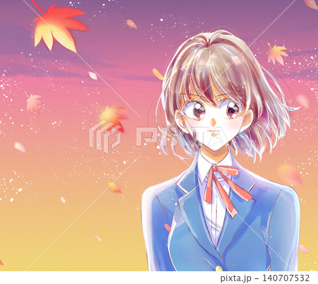 女子学生　バストアップ　強気　夕暮れ　紅葉 140707532