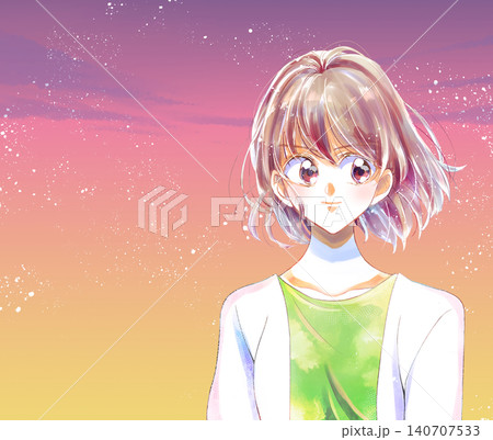 女性　強気　バストアップ　夕焼け 140707533