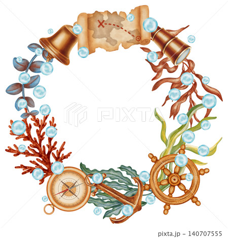 Watercolor marine adventure wreath with sailing ship, lighthouse, compass, steering wheel and seashells. Children's, nautical, travel themes. Suitable for design, prints, postcards, sea travel Watercolor marine adventure wreath with sailing ship, lighthouse, compass, steering wheel and seashells. Children's, nautical, travel themes. Suitable for design, prints, postcards, sea travel 140707555