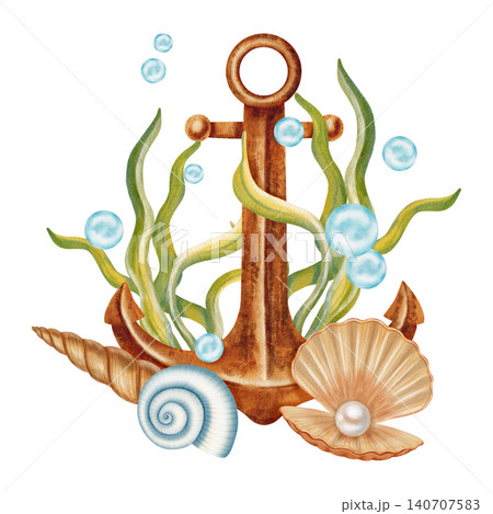 Watercolor illustration marine composition with a rusty metal anchor, starfish, seashell, pearl, seaweed with bubbles. Children's, nautical, travel themes. Suitable for design, postcards, sea travel 140707583