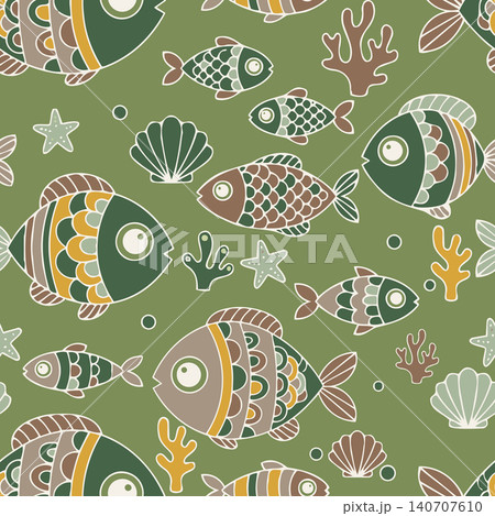Vector seamless pattern featuring adorable hand-drawn fishes, starfish, corals, and shells in earthy tones over a muted green background. 140707610