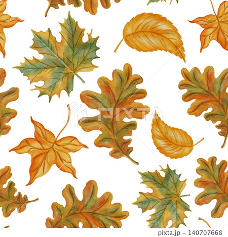 Watercolor seamless pattern of autumn leaves. Hand drawn background with colorful maple and oak foliage. Warm fall texture perfect for school decoration, thanksgiving, seasonal design. Watercolor seamless pattern of autumn leaves. Hand drawn background with colorful maple and oak foliage. Warm fall texture perfect for school decoration, thanksgiving, seasonal design. 140707668