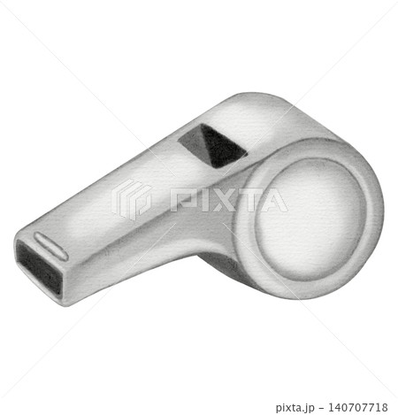 Hand-drawn watercolor illustration of a silver metal referee whistle with a red lanyard. Isolated icon for sports, coaching, and football competition equipment on white background. 140707718