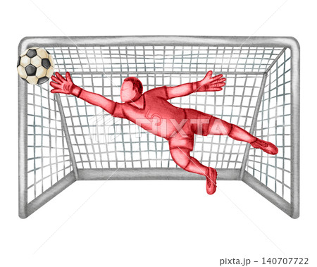 Watercolor illustration of a goalkeeper in uniform diving to catch a soccer ball at the gates on a green pitch under a blue sky background. Watercolor illustration of a goalkeeper in uniform diving to catch a soccer ball at the gates on a green pitch under a blue sky background. 140707722