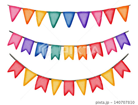 Watercolor birthday party garland flags set isolated on white background. Colorful hanging bunting banners for birthdays, anniversaries, party invitations, children's design, and cardmaking. Watercolor birthday party garland flags set isolated on white background. Colorful hanging bunting banners for birthdays, anniversaries, party invitations, children's design, and cardmaking. 140707810