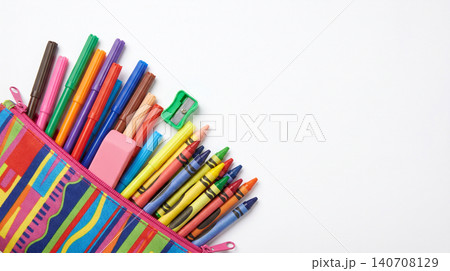 Colorful school supplies packed in a patterned pencil case with stationery supplies education colorful students learning creativity organized academic stationary assorted collection 140708129