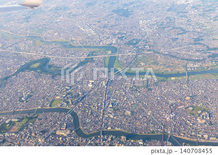 東京都葛飾区付近の江戸川周辺の空撮 東京都葛飾区付近の江戸川周辺の空撮 140708455