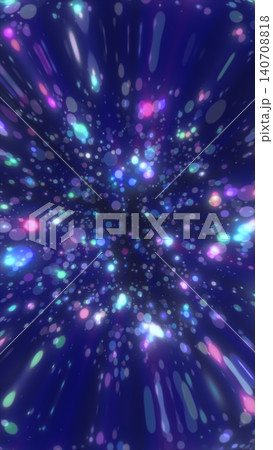 Colorful bokeh particles rushing through a dark blue tunnel, creating an abstract futuristic light speed and cosmic data visualization. 140708818