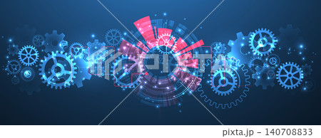 Abstract scientific background with mechanical gears cogs and glowing geometric circles Abstract scientific background with mechanical gears cogs and glowing geometric circles 140708833