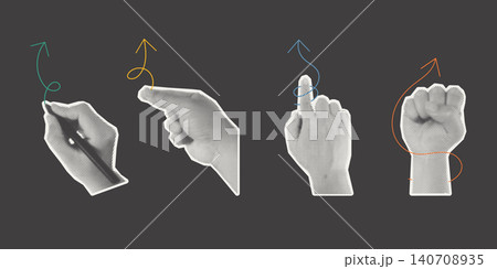 Trendy Halftone Collage hand gesture set featuring writing, pointing, finger up, and fist with colorful swirl arrows on dark background. Perfect for presentation, marketing, and creative content. Trendy Halftone Collage hand gesture set featuring writing, pointing, finger up, and fist with colorful swirl arrows on dark background. Perfect for presentation, marketing, and creative content. 140708935