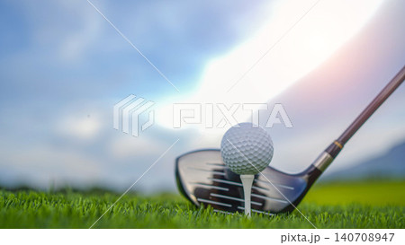 Golf clubs and balls on a green lawn in a beautiful golf course with morning sunshine. 140708947
