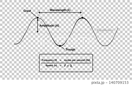 Physics infographic explaining transverse wave anatomy. Educational diagram labels crest, trough, wavelength, amplitude, and equilibrium with frequency or speed formula calculations Physics infographic explaining transverse wave anatomy. Educational diagram labels crest, trough, wavelength, amplitude, and equilibrium with frequency or speed formula calculations 140709153