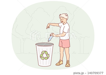Little girl calls for plastic recycling by throwing bottle into bin with special symbol 140709377