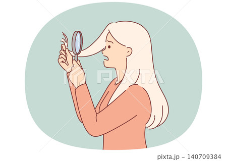 Split ends of hair bother girl with magnifying glass, needs trip to hairdresser. Split ends of hair bother girl with magnifying glass, needs trip to hairdresser. 140709384