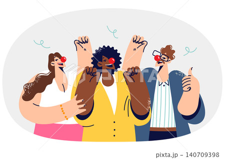 Group of friends with clown noses participate in cool party and dance to fiery music 140709398