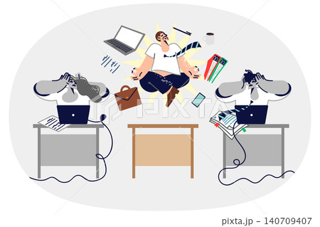 Man office worker meditation at workplace levitating during yoga class near shocked colleagues Man office worker meditation at workplace levitating during yoga class near shocked colleagues 140709407