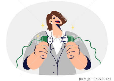Woman with electric wire symbolizing concern for environment and desire to obtain green energy Woman with electric wire symbolizing concern for environment and desire to obtain green energy 140709421
