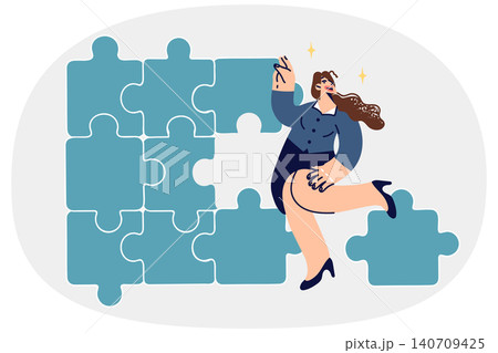 Business woman builds solid corporate structure from puzzle pieces, demonstrating management skills Business woman builds solid corporate structure from puzzle pieces, demonstrating management skills 140709425