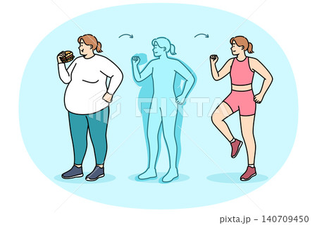 Fat woman loses weight by stopping eating fast food and starting to exercise or run 140709450
