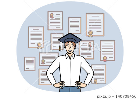 Man graduate stands in academic hat near wall with diplomas from advanced business courses Man graduate stands in academic hat near wall with diplomas from advanced business courses 140709456