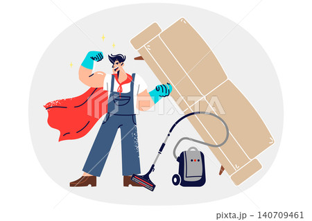 Man janitor superhero demonstrates strength by lifting heavy sofa, standing next to vacuum cleaner Man janitor superhero demonstrates strength by lifting heavy sofa, standing next to vacuum cleaner 140709461