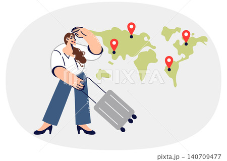 Business woman chooses place for emigration, standing near world map with suitcase for travel Business woman chooses place for emigration, standing near world map with suitcase for travel 140709477