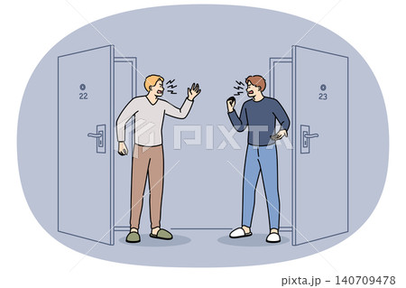 Conflict and cursing neighbors standing in corridor near door, shouting insults or mutual grievances Conflict and cursing neighbors standing in corridor near door, shouting insults or mutual grievances 140709478