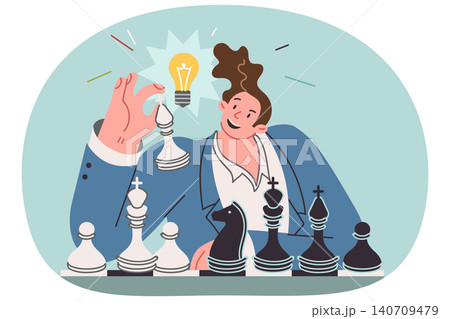 Business man plays chess, coming up with new idea, sitting with light bulb above head Business man plays chess, coming up with new idea, sitting with light bulb above head 140709479