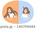 Woman with different hairstyles before and after using shampoo to get silky hair 140709484