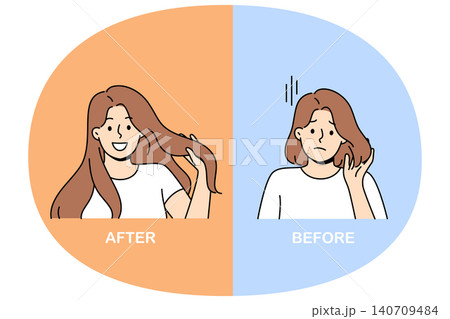 Woman with different hairstyles before and after using shampoo to get silky hair Woman with different hairstyles before and after using shampoo to get silky hair 140709484