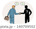 Business man shakes hands and makes deal with anonymous partner, risking becoming victim of scammer 140709502