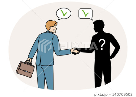 Business man shakes hands and makes deal with anonymous partner, risking becoming victim of scammer 140709502