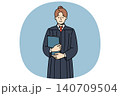 Judge woman in robe stands with book in hands, inviting to participate in meeting and make verdict 140709504