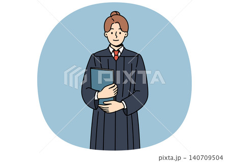 Judge woman in robe stands with book in hands, inviting to participate in meeting and make verdict Judge woman in robe stands with book in hands, inviting to participate in meeting and make verdict 140709504