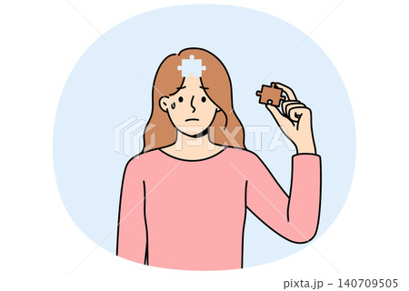 Depressed woman cries, feeling lack motivation for development, and pulls piece puzzle out of head Depressed woman cries, feeling lack motivation for development, and pulls piece puzzle out of head 140709505