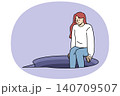 Depression in woman sitting on edge abyss in form speech bubble, metaphor for complex conversation 140709507