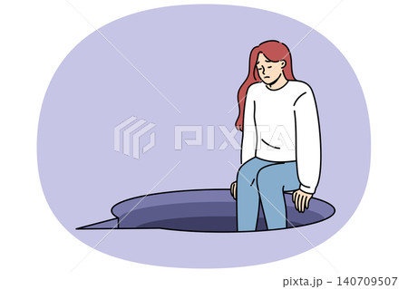 Depression in woman sitting on edge abyss in form speech bubble, metaphor for complex conversation Depression in woman sitting on edge abyss in form speech bubble, metaphor for complex conversation 140709507