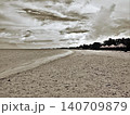 Empty beach with straw umbrellas and cloudy sky in monochrome 140709879