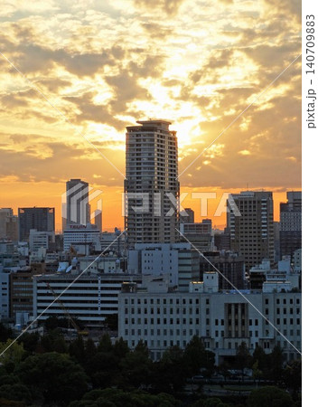 Osaka city skyline at sunset showing urban architecture 140709883