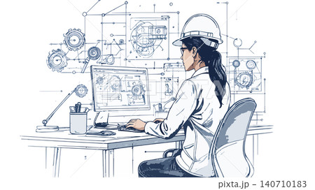 Female engineer designing blueprints on computer Female engineer designing blueprints on computer 140710183