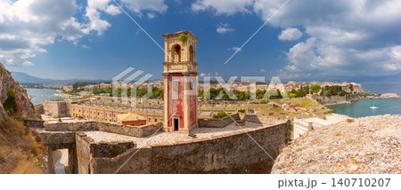 Historic Clock Tower and Coastal Fortifications of Corfu Old Fortress Panorama 140710207