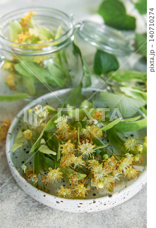 Linden flowers preparing for herbal tea infusion 140710274